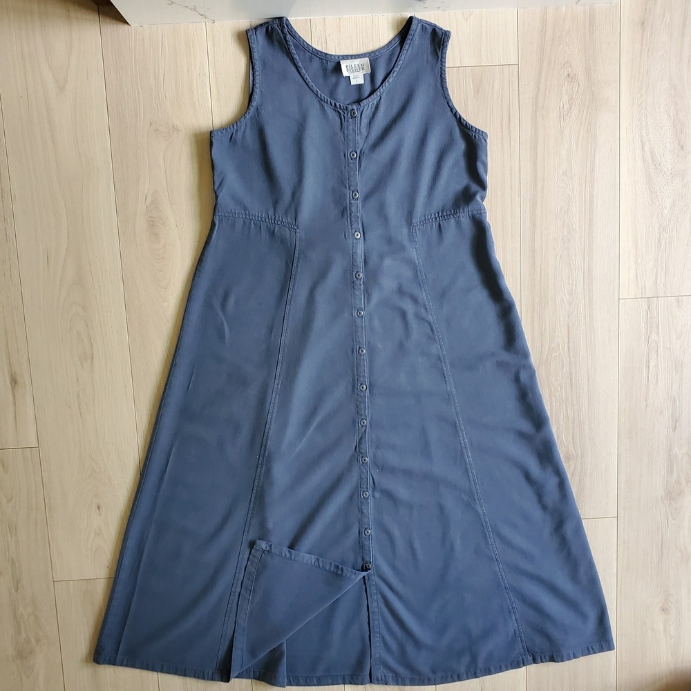 Eileen Fisher Dress Womens L Blue Button Front Sleeveless Maxi A Line Waist Belt